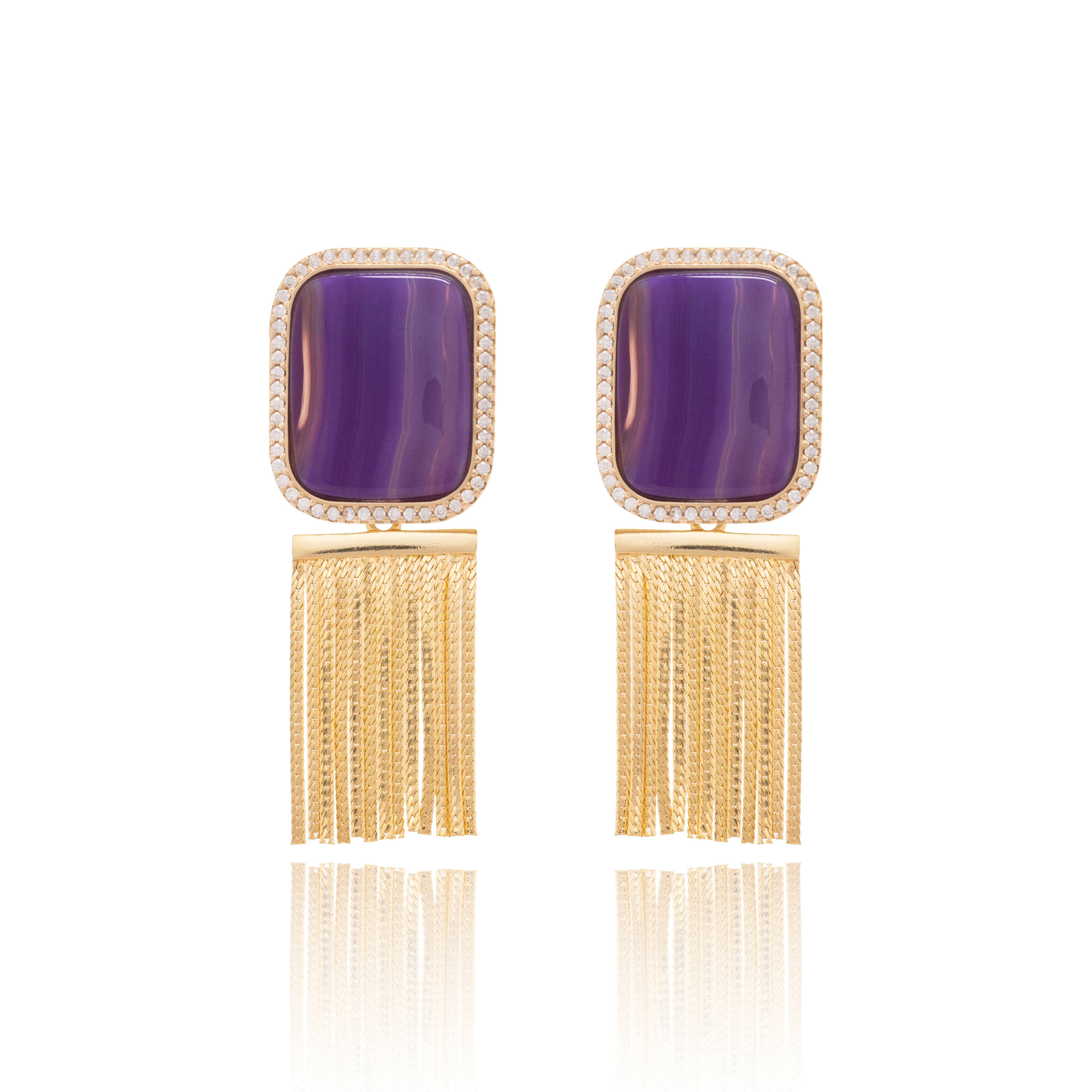 PURPLE AGATE - SQUARE EARRING WITH ZIRCONIA - GOLD PLATED