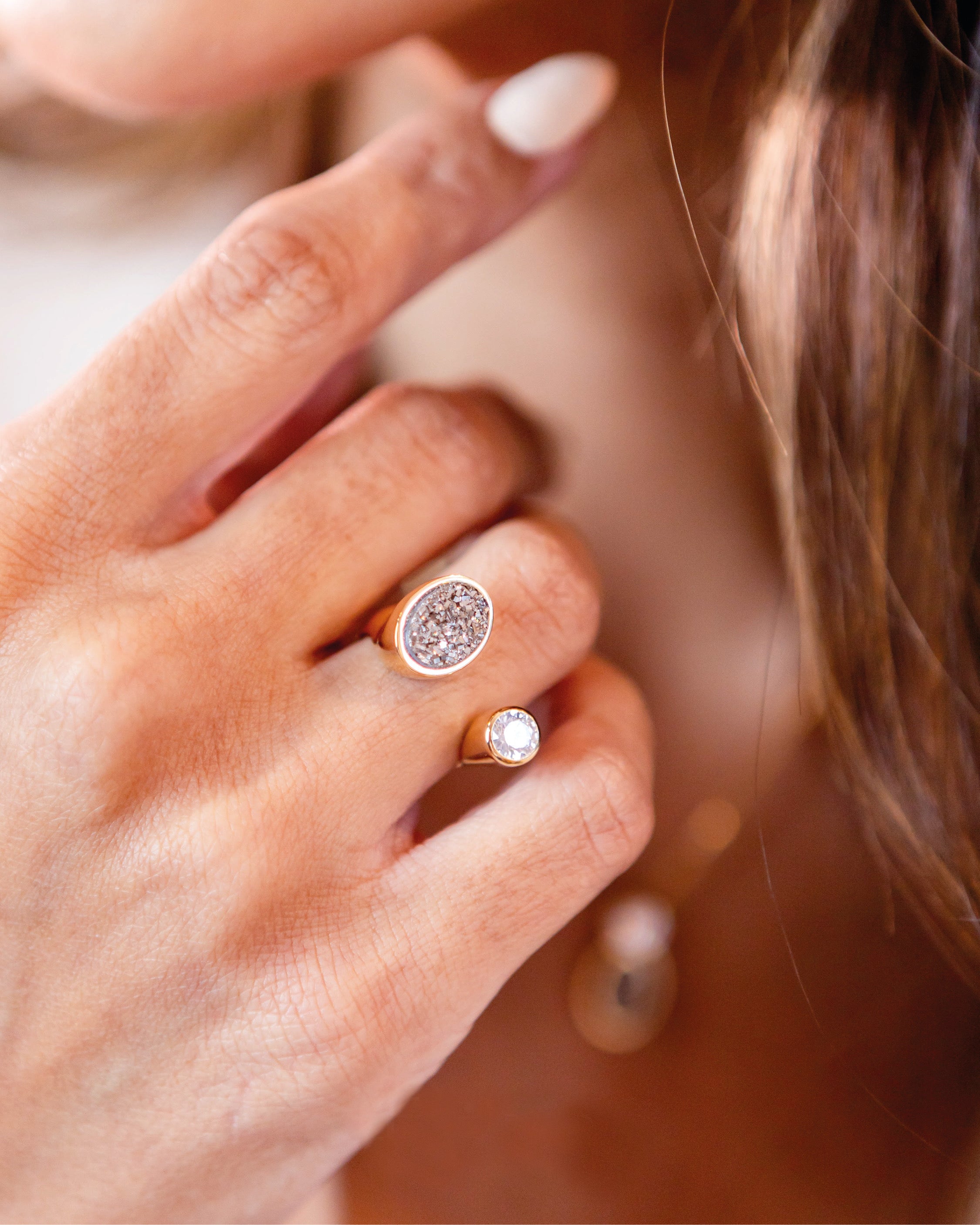 PLATINUM DRUSE AND ZIRCONIA - GOLD PLATED RING