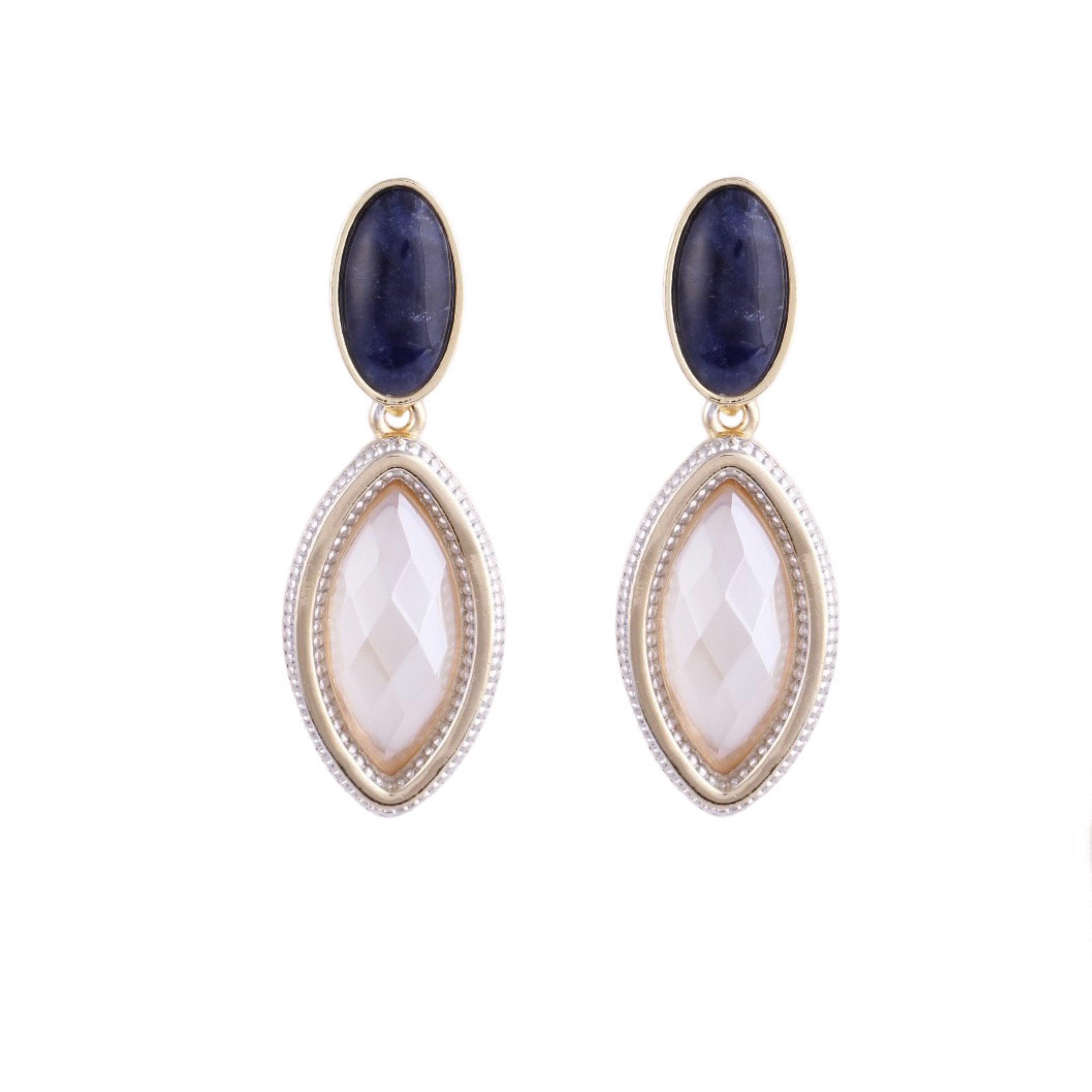 MILKY PEARLIZED QUARTZ & SODALITE STONE EARRING- DROP SHAPE - GOLD PLATED