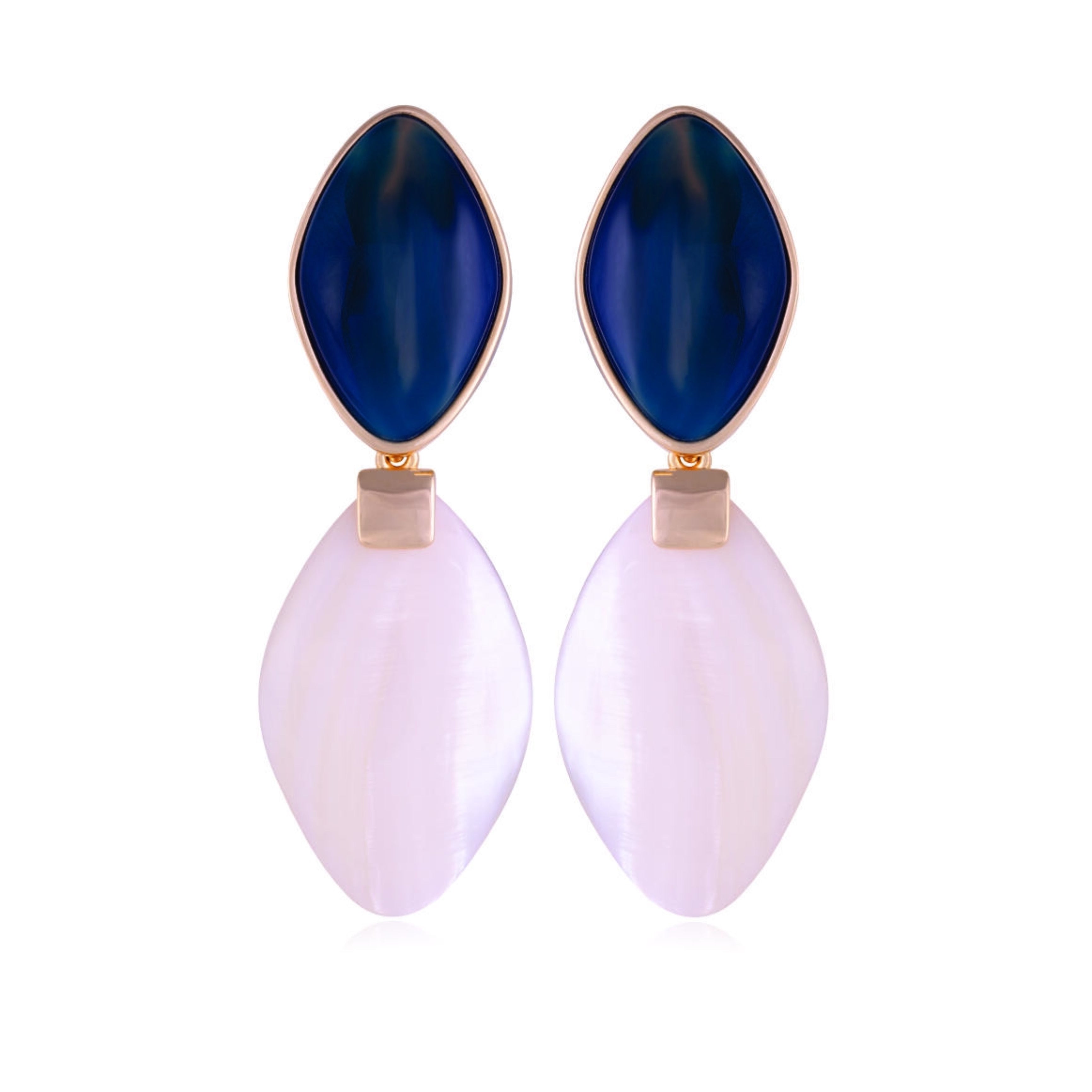 BLUE AGATE STRIPED WITH MOTHER OF PEARL EARRING - GOLD PLATED