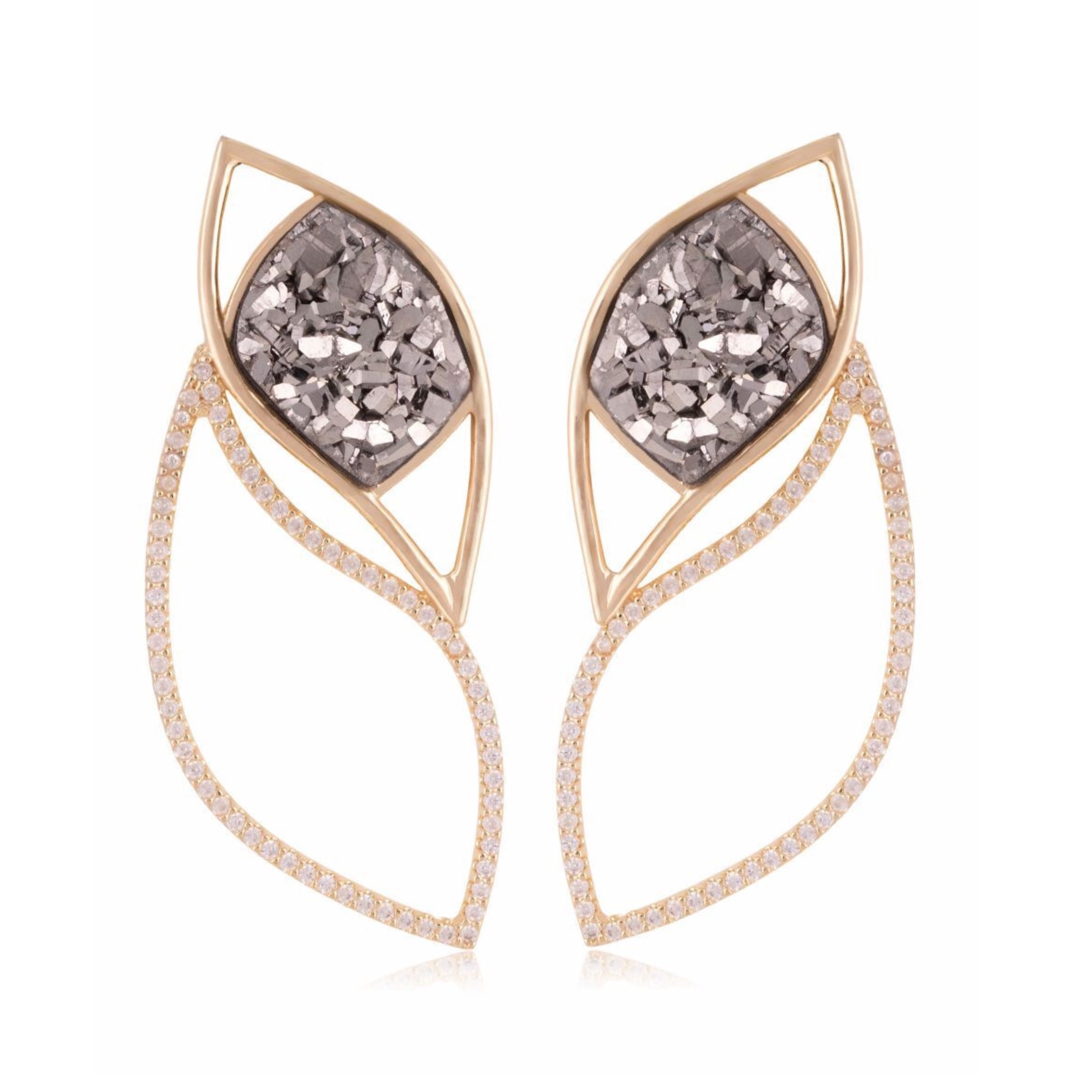 BROADWAY BLING PLATINUM DRUSE EARRING - DOUBLE LEAF-SHAPED WITH ZIRCONIA