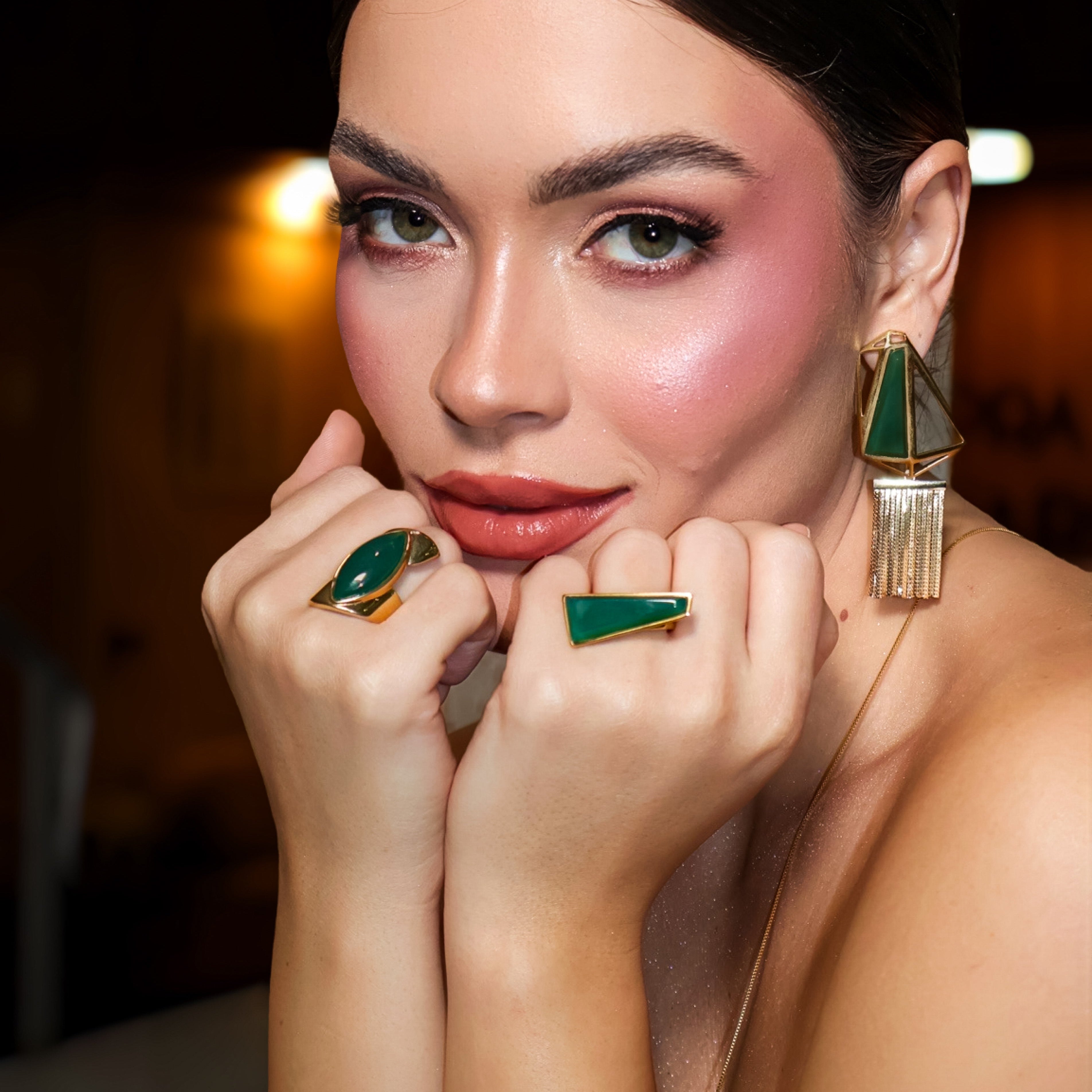 GREEN AGATE CENTRAL PARK BIG EARRING | GOLD PLATED | NYFW | BRAINSTORM JEWELRY