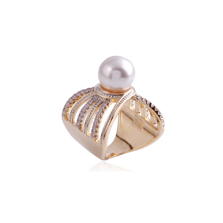 TRIPLE-PART PEARL RING WITH ZIRCONIA - GOLD PLATED  | BRAINSTORM JEWELRY