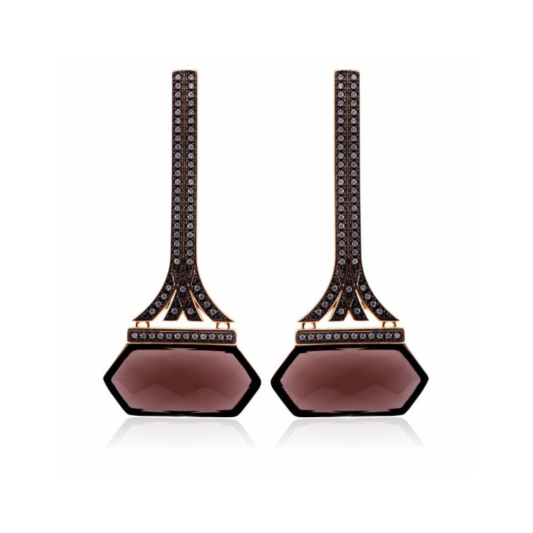 SMOKY QUARTZ EIFFEL TOWER DESIGN EARRING - BLACK RHODIUM