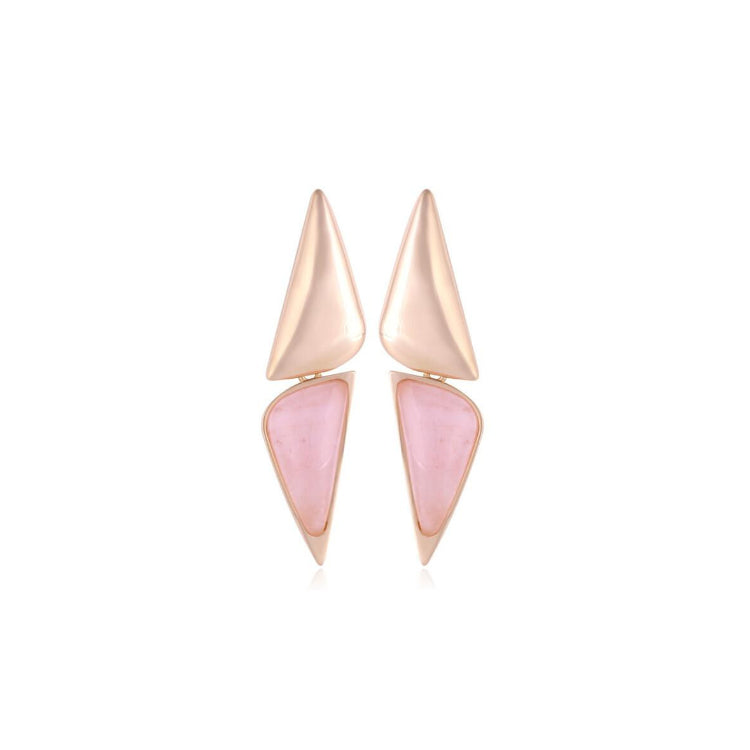 ROSE QUARTZ PENDANT EARRING - OPPOSITE TRIANGLES DESIGN - GOLD PLATED