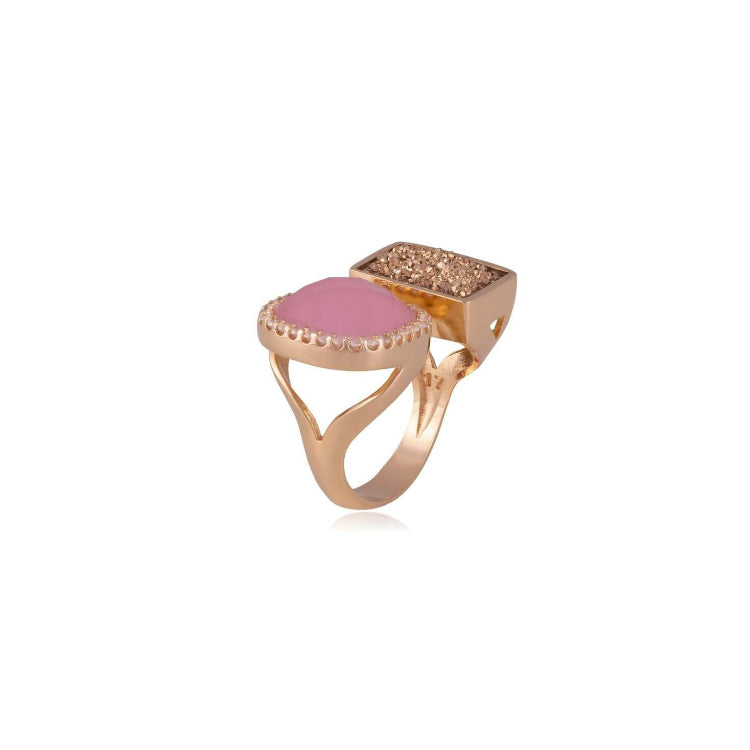 RING - GOLD PLATED - GOLD DRUSE AND PINK CRYSTAL