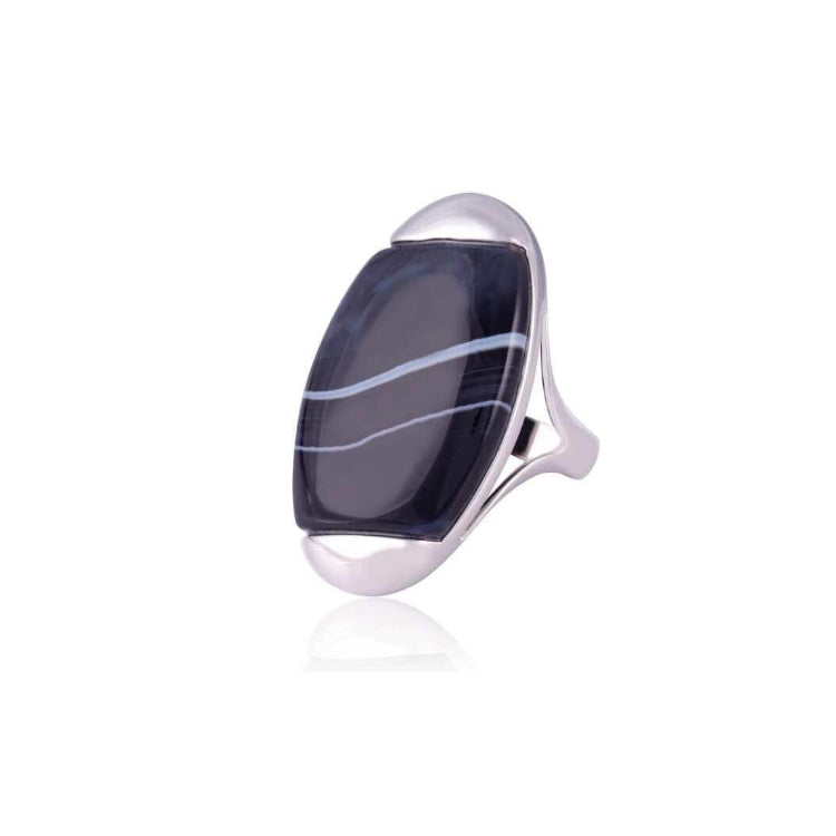 RING - BIANCO/RH PLATED - STRIPPED BLACK AGATE