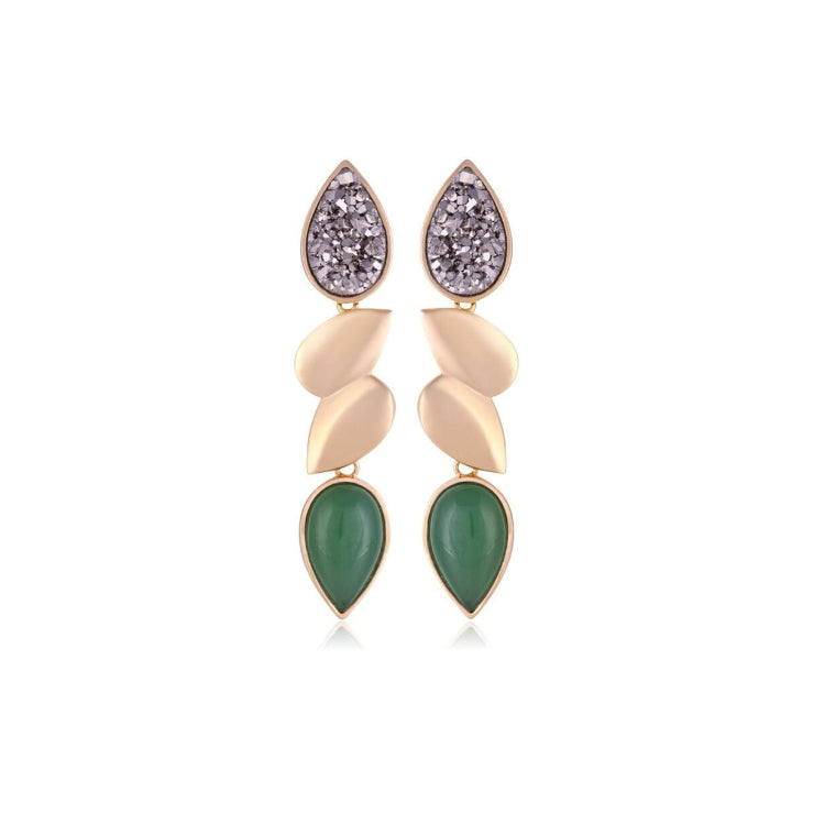 DRUZE TITANIUM STONE AND GREEN AGATE  - EARRING - GOLD PLATED