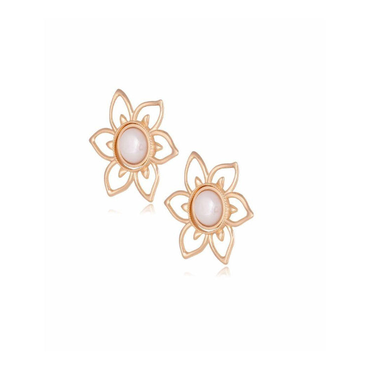 PEARLIZED PORCELAIN STONE FLORAL EARRING - GOLD PLATED