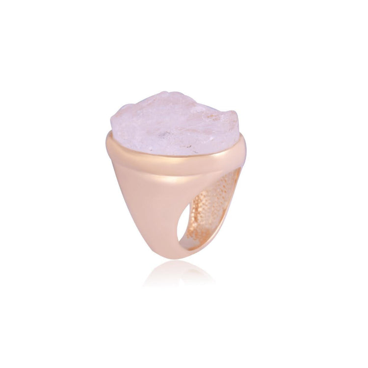 ROUGH NATURAL STONE ROCK CRYSTAL STONES RING - GOLD PLATED