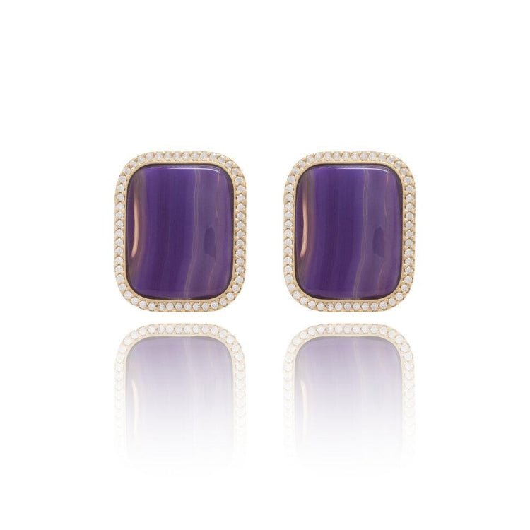 PURPLE AGATE  SQUARE EARRING WITH ZIRCONIA - GOLD PLATED