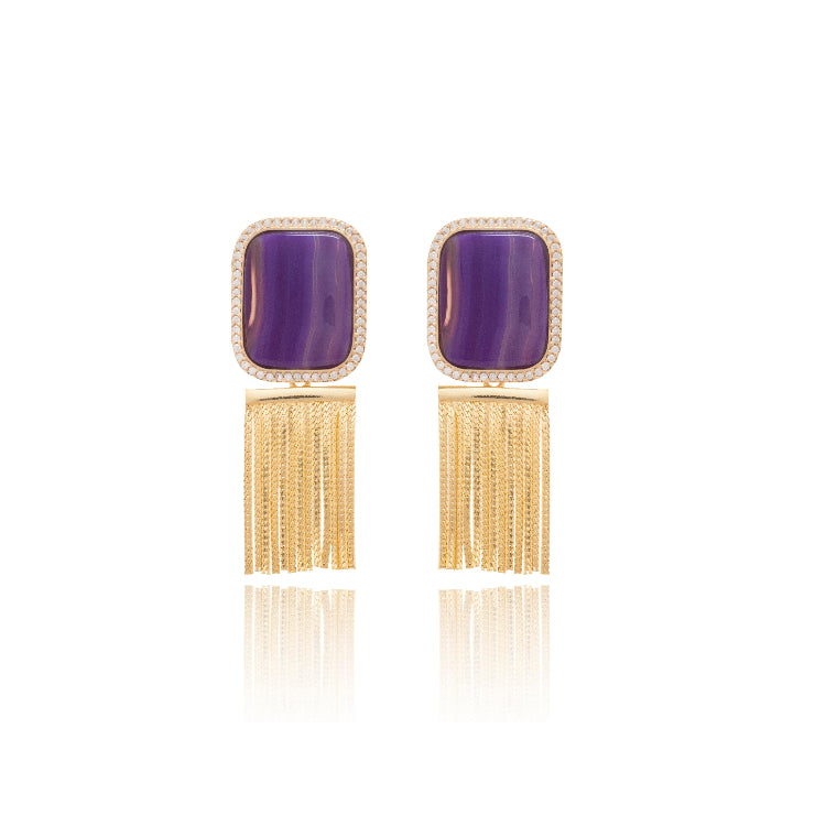 PURPLE AGATE  SQUARE EARRING WITH ZIRCONIA - GOLD PLATED