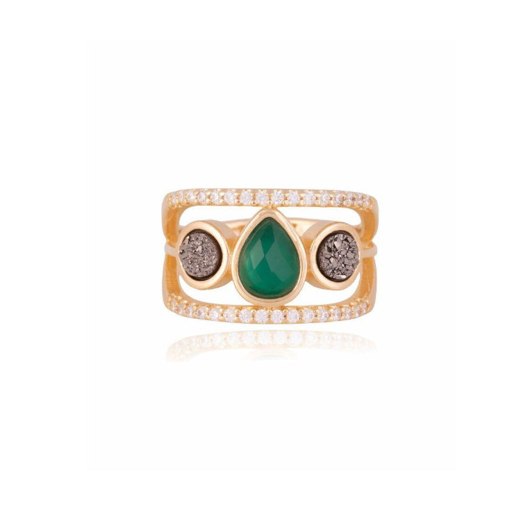 GREEN AGATE AND PLATINUM DRUSE RING - GOLD PLATED