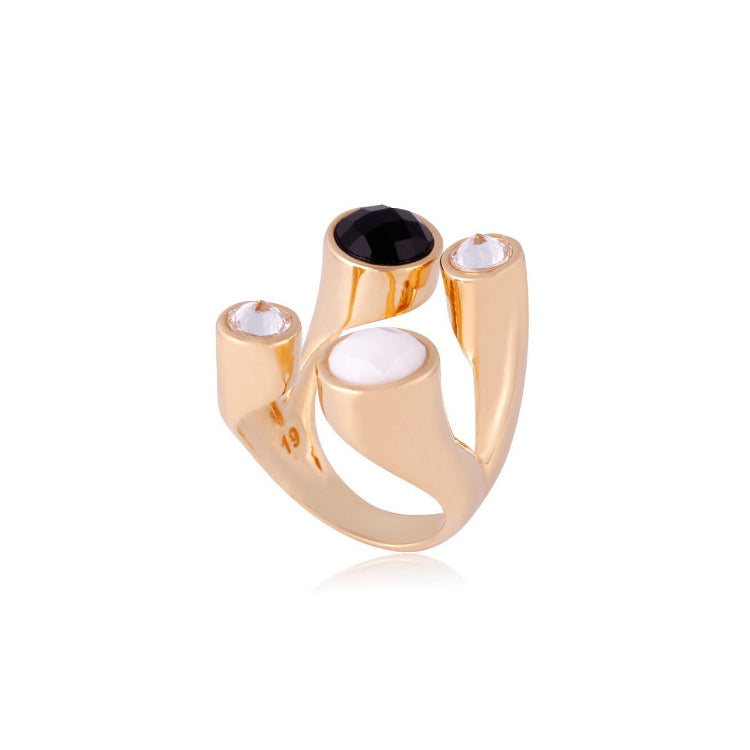 PEARLIZED PORCELAIN, ZIRCONIA AND BLACK OBSIDIAN RING - GOLD PLATED