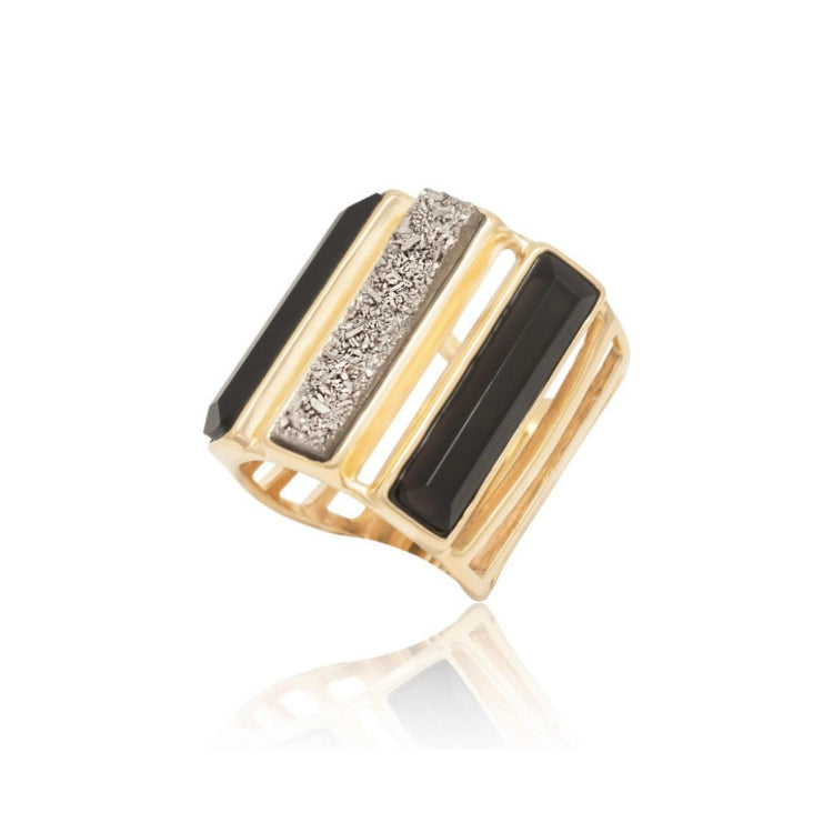 OBSIDIAN AND PLATINUM DRUSE ROCKEFELLER RADIANCE RING - GOLD PLATED