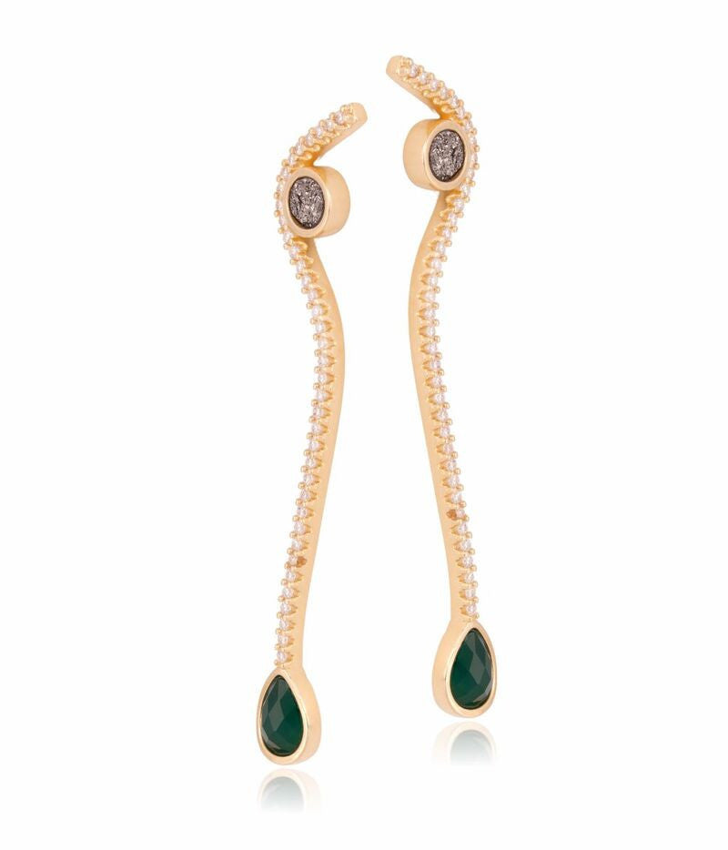 GREEN AGATE AND PLATINUM DRUSE EARRINGS - GOLD-PLATED WITH ZIRCONIA-ENCRUSTED METAL