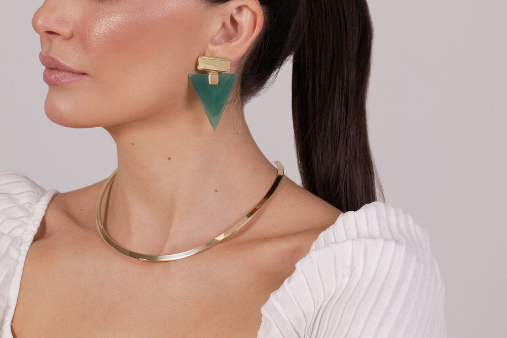 INVERTED TRIANGLE GREEN AGATE EARRING - GOLD PLATED