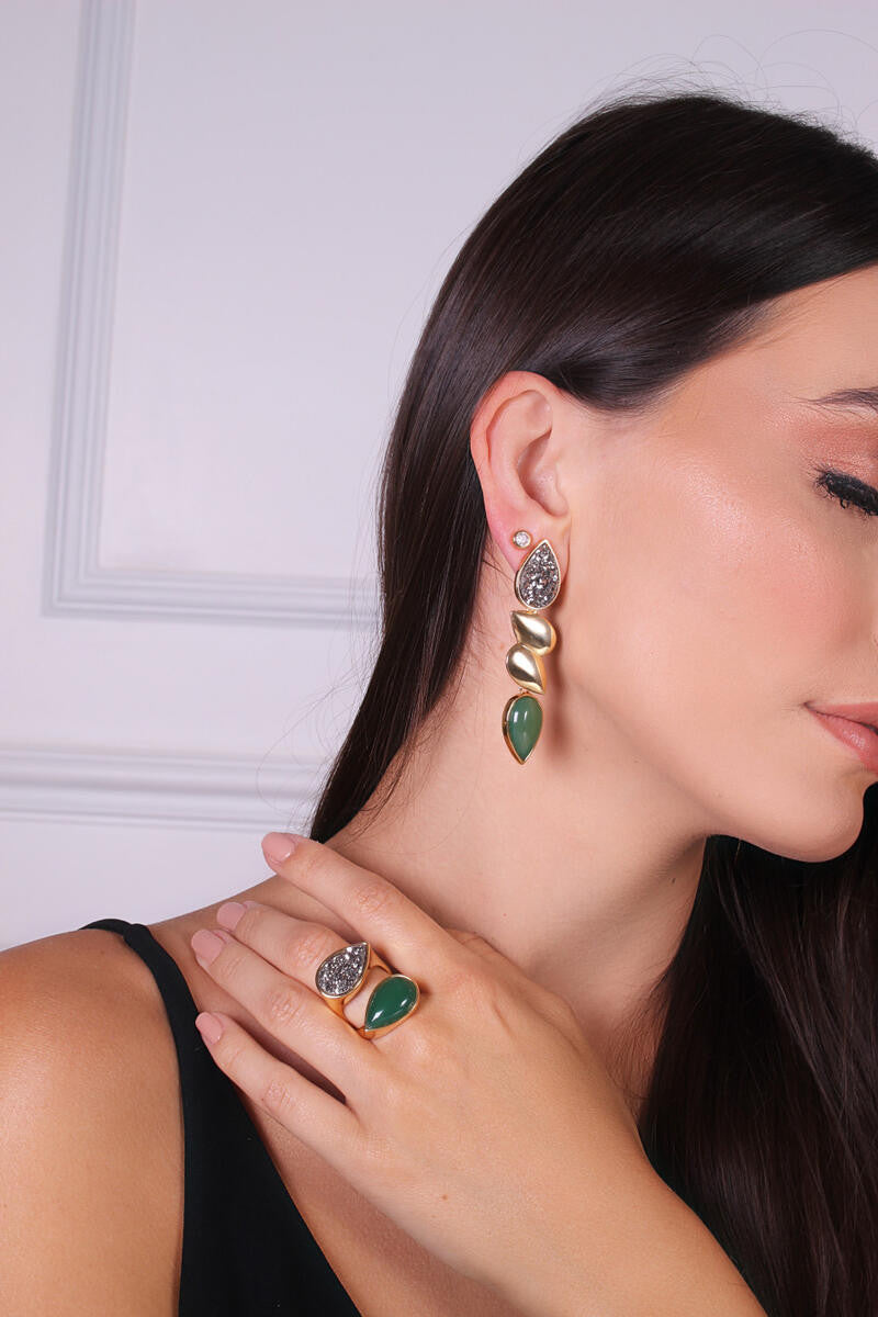 DRUZE TITANIUM STONE AND GREEN AGATE  - EARRING - GOLD PLATED