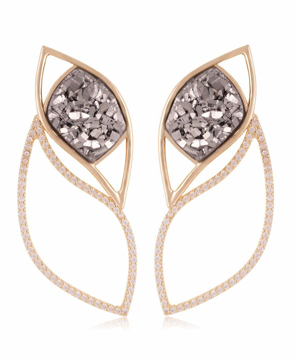 BROADWAY BLING PLATINUM DRUSE EARRING - DOUBLE LEAF-SHAPED WITH ZIRCONIA