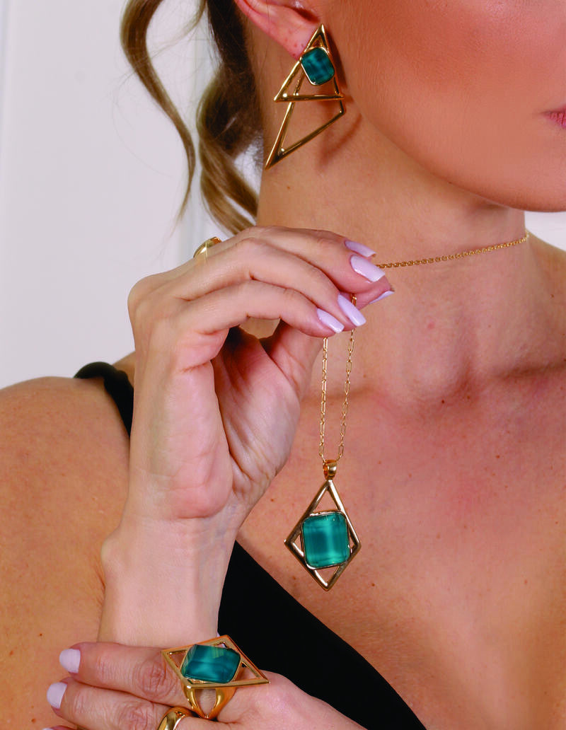 DOUBLE TRIANGLE EARRING - CYAN STONE - GOLD PLATED