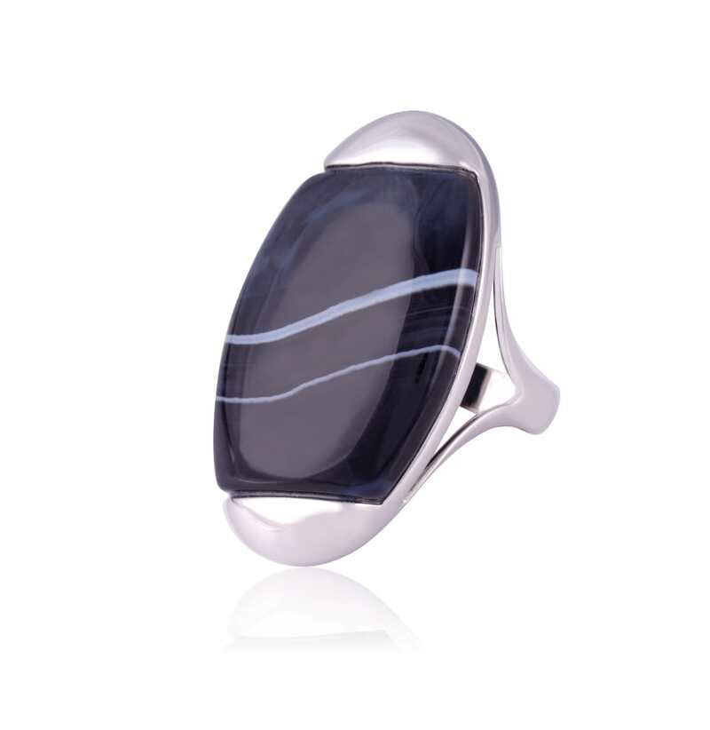 RING - BIANCO/RH PLATED - STRIPPED BLACK AGATE