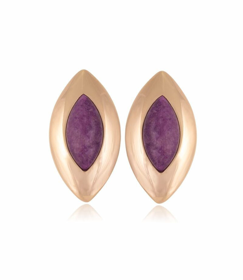 PURPLE STONE - LEAF-SHAPED EARRING - GOLD PLATED