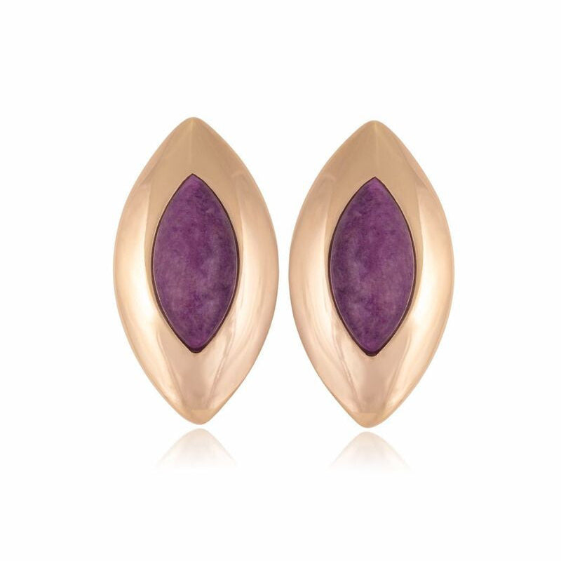 PURPLE STONE - LEAF-SHAPED EARRING - GOLD PLATED