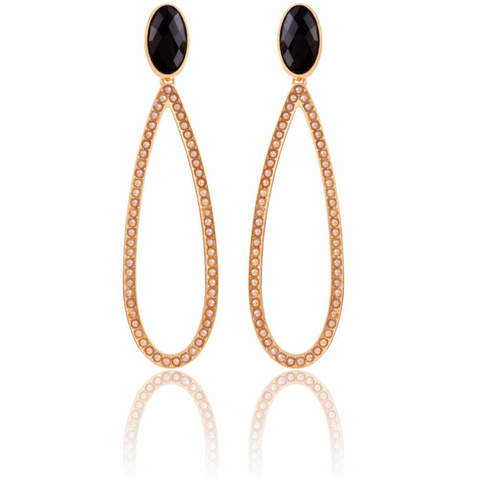 OPEN TEARDROP SHAPE WITH PEARLS AND ONYX - EARRING - GOLD PLATED