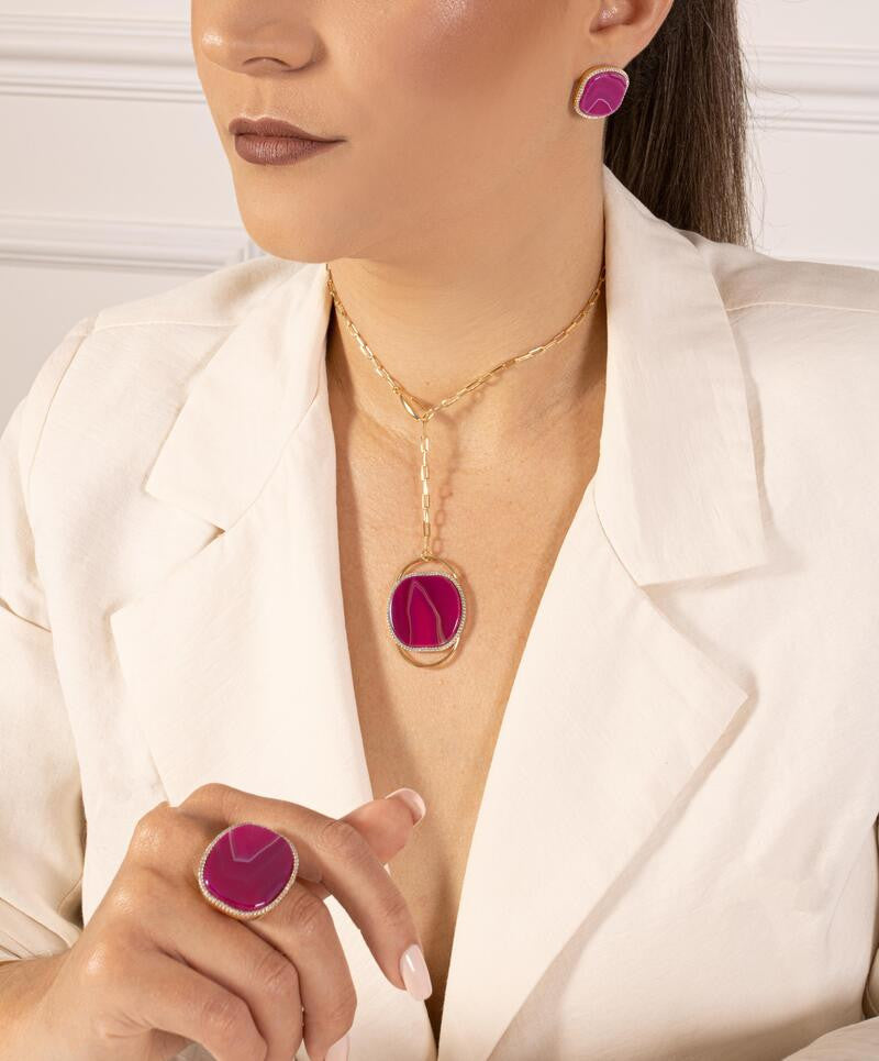 WALL STREET SHINEB NECKLACE - PINK STRIPED AGATE