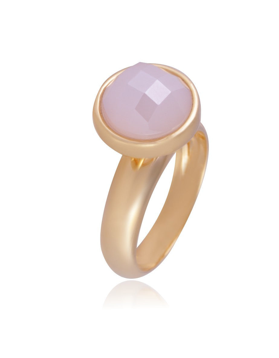 RING - GOLD PLATED - FACETED WHITE AGATE STONE