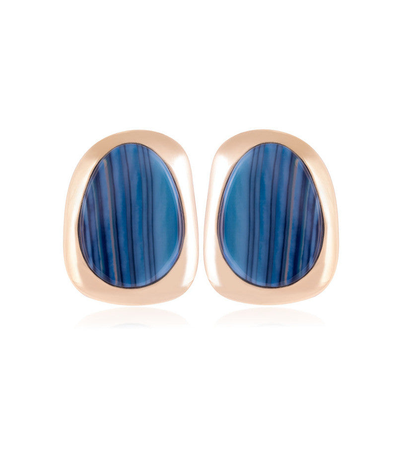 BLUE BIC STRIPED AGATE EARRING -  ORGANIC SHAPE - GOLD PLATED