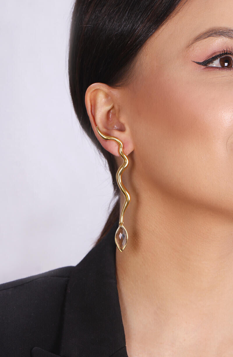 PEARLIZED SMOKE QUARTZ EARRING - GOLD PLATED - COBRA SHAPE WITH STONE AT THE TIP