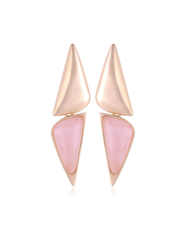 ROSE QUARTZ PENDANT EARRING - OPPOSITE TRIANGLES DESIGN - GOLD PLATED