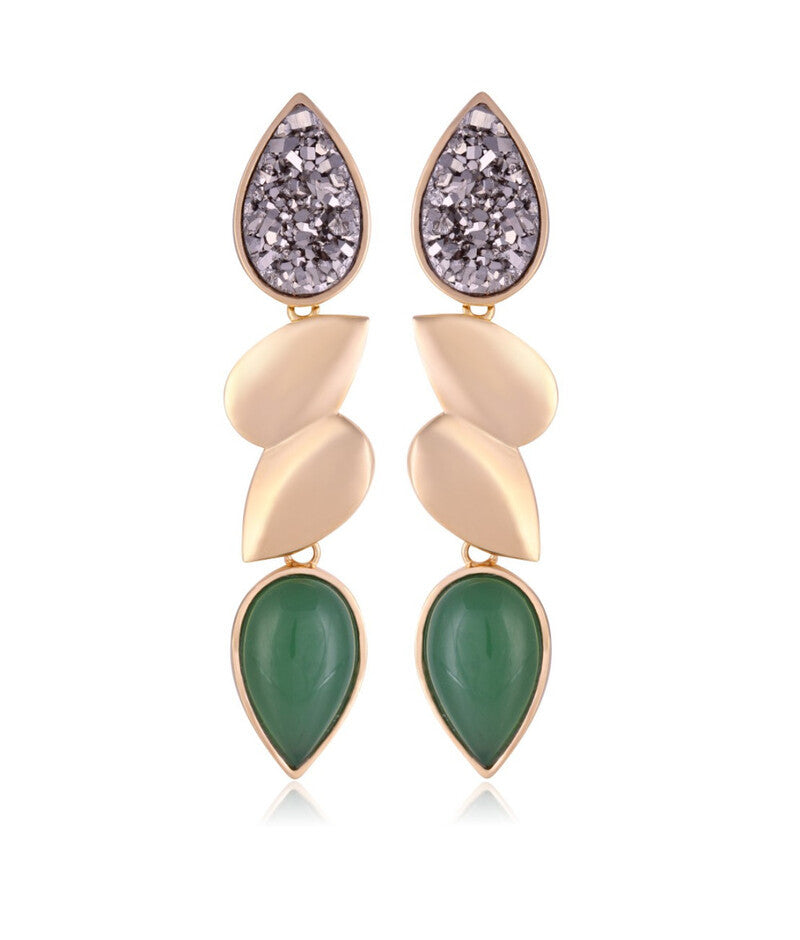 DRUZE TITANIUM STONE AND GREEN AGATE  - EARRING - GOLD PLATED