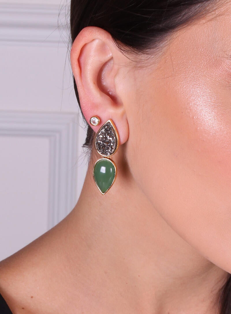 DRUZE TITANIUM STONE AND GREEN AGATE  - EARRING - GOLD PLATED