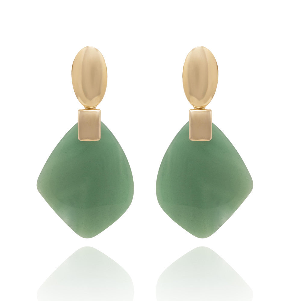 GREEN AGATE LEAF SHAPE EARRING - GOLD PLATED