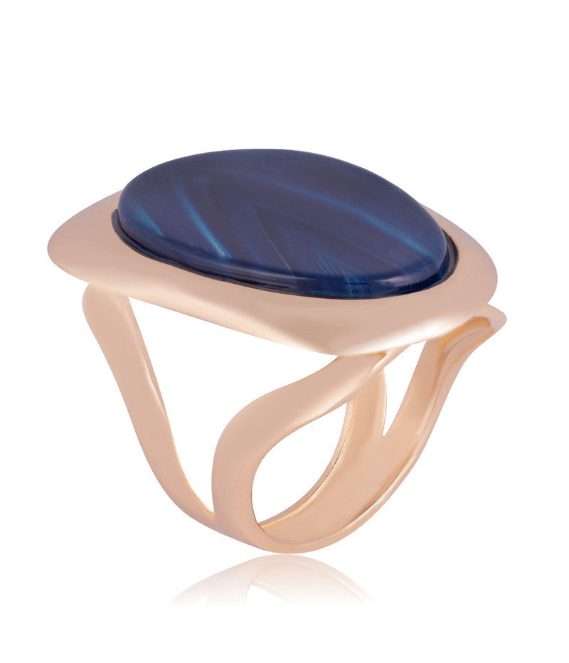 RING - GOLD PLATED - BLUE AGATA STONE WITH STRIPE BIK