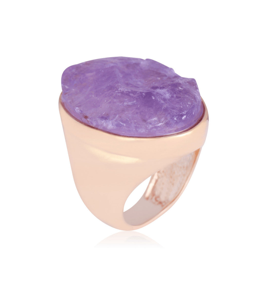 RING - GOLD PLATED - ROUGH NATURAL STONE ROCK CRYSTAL STONES