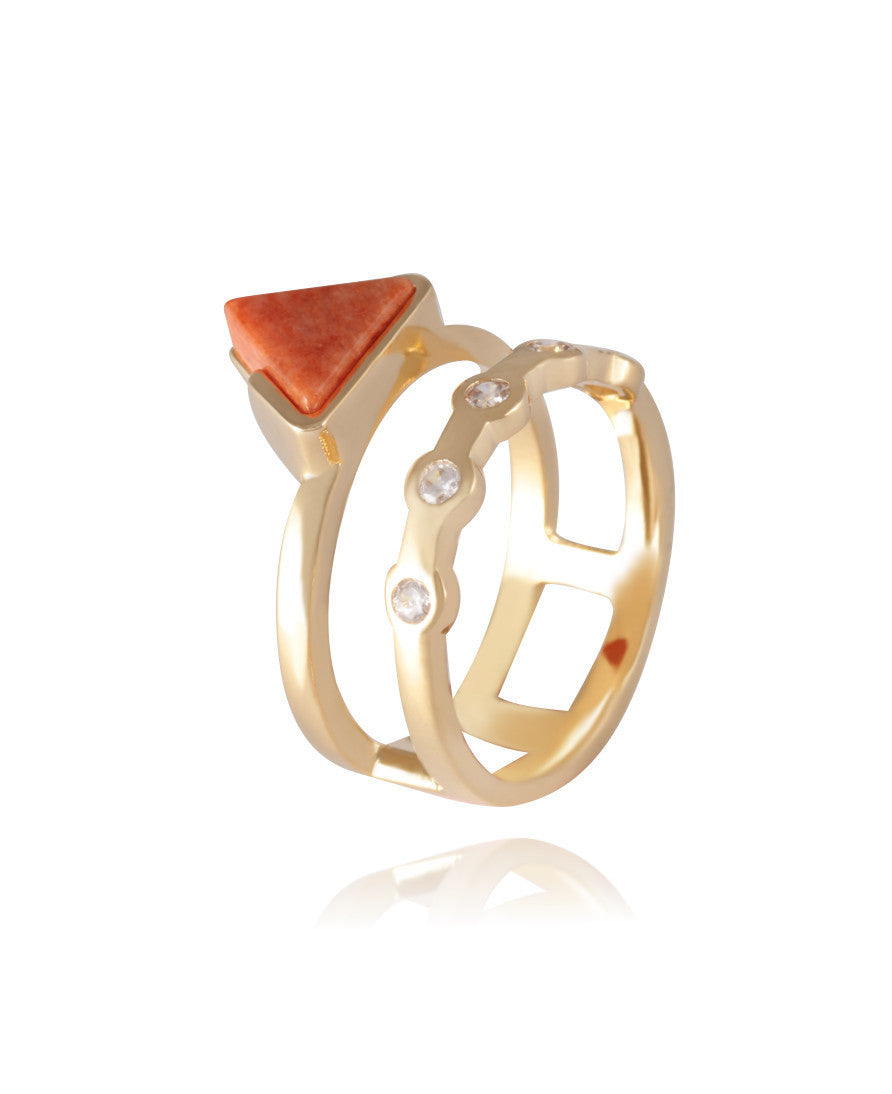 RING - GOLD PLATED - ORANGE FELDSPAR STONE