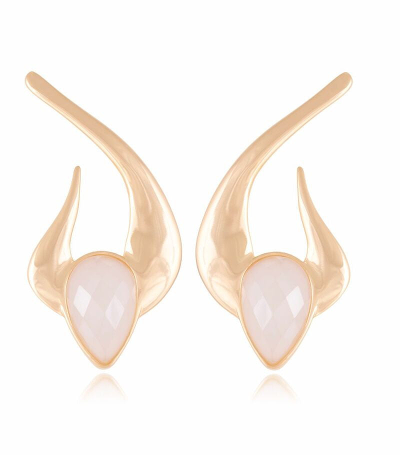 MILKY QUARTZ DRAMATIC WING DESIGN EARRING - GOLD PLATED