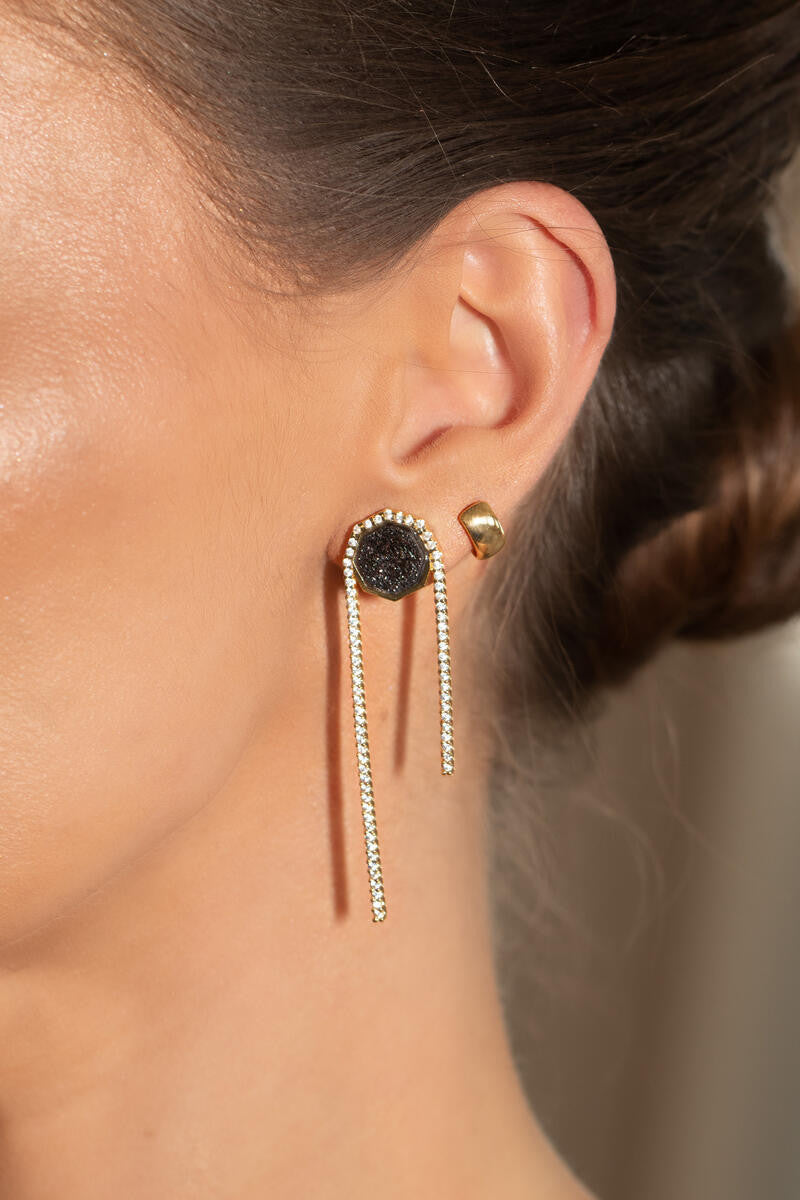 BLACK DRUSE STONE EARRING - GOLD PLATED WITH ZIRCONIA