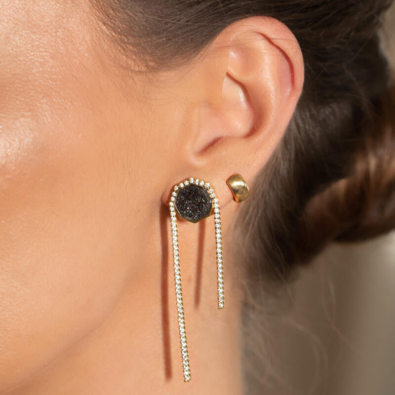 BLACK DRUSE STONE EARRING - GOLD PLATED WITH ZIRCONIA  | BRAINSTORM JEWELRY